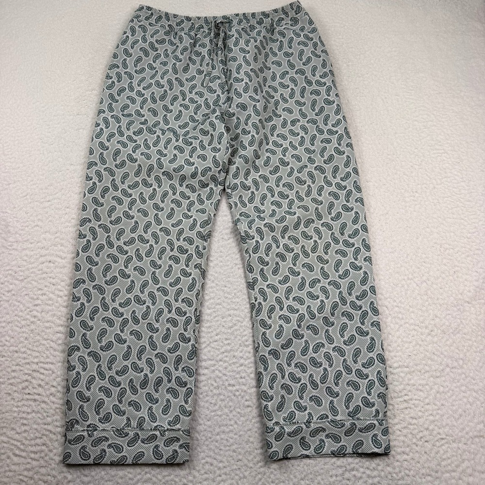BURU Paisley Pants Women Medium Green White Drawstring Pockets Boho Artisan
